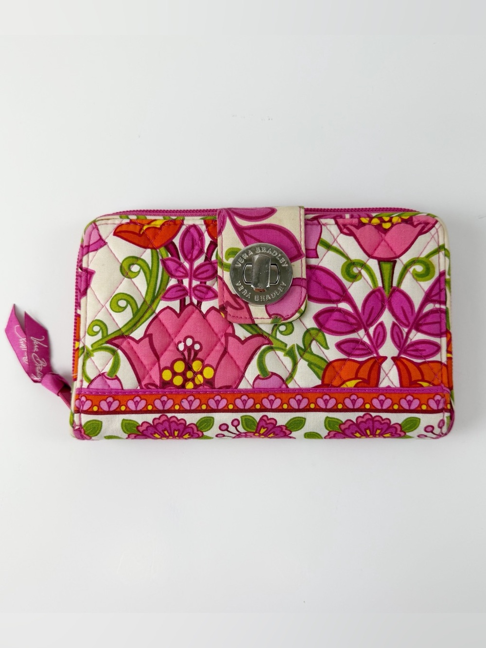 Vera Bradley Wallet Womens Pink Orange Floral Zip Turn Lock Lilli Bell Retired